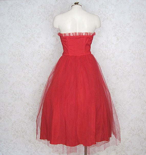 1950s Red Tulle Prom Dress With Rhinestone Embell… - image 3