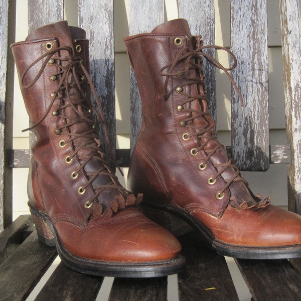 Vintage J. Chisholm Packer Boots / Men's 8 1/2D Brown Leather Kiltie Roper Logger Work Hiking Riding Boot