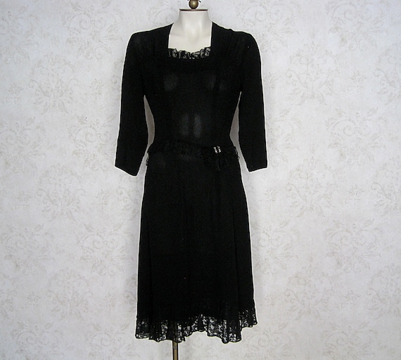 1930s Black Rayon Dress With Lace Trim / Vintage '