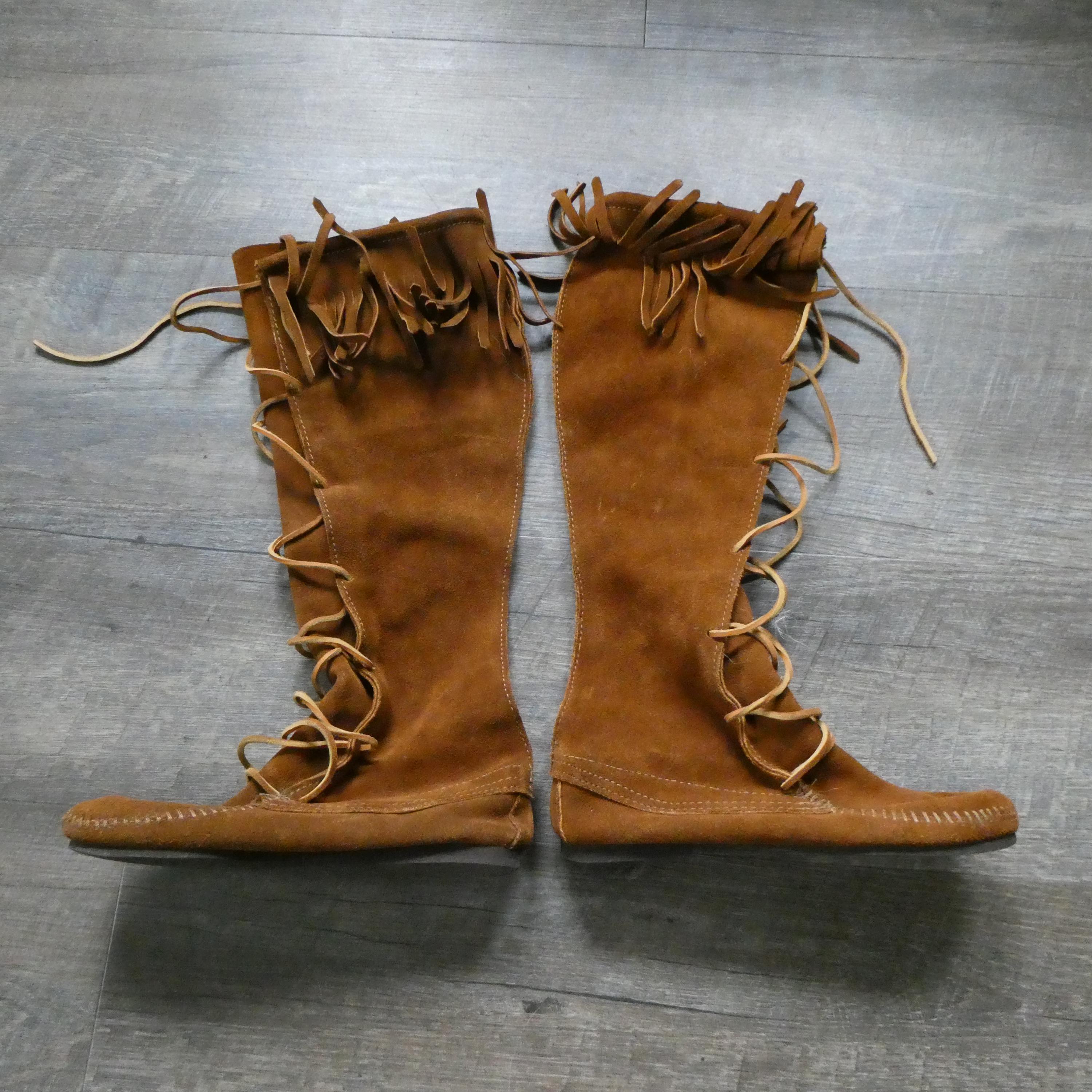 Rare Dolfie Landom Hi Fringe Suede Moccasin Boots Brown Men’s Size 8.5 EU42 Tall Boots with Fringe | Medieval Footwear - Museum Replicas main image 3