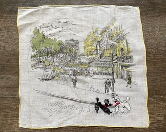 1960s Vintage French Poodle Hankie / Novelty Print Paris Street Scene Black & White Embroidered Poodle Dogs Paris Cotton Handkerchief Hanky