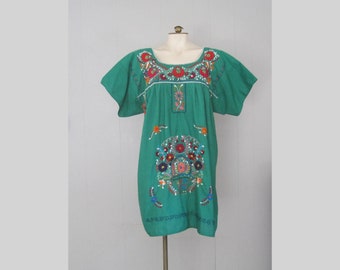 Embroidered Mexican Caftan Dress: Green Floral Cotton Boho Tunic