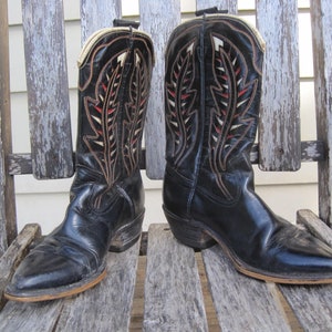 Vintage ACME Cowboy Boots: 1950s Black Leather Feather Inlay