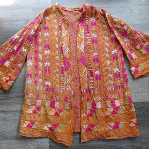 Vintage Hand Embroidered Bohemian Jacket Cotton Linen Loose Flowy Abstract Floral Pattern Top