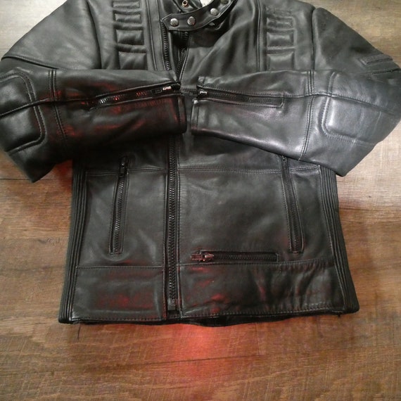 Black Leather Motorcycle Jacket / Vintage Fieldsh… - image 3