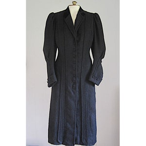 Vintage Edwardian Black Mohair Wool Coat / Antique Victorian Gothic Puff Sleeve Princess Coat Velvet Collar Deep Pleat Nipped Waist Small