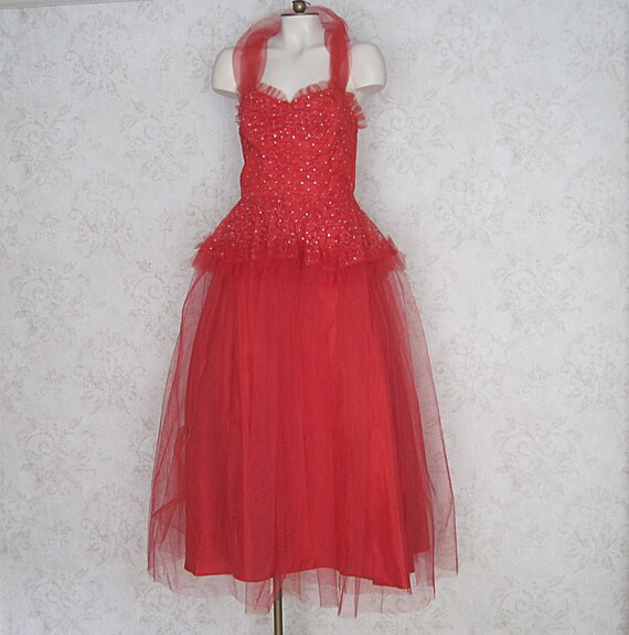 1950s Vintage Party Dress / Red Tulle '50s Cockta… - image 3