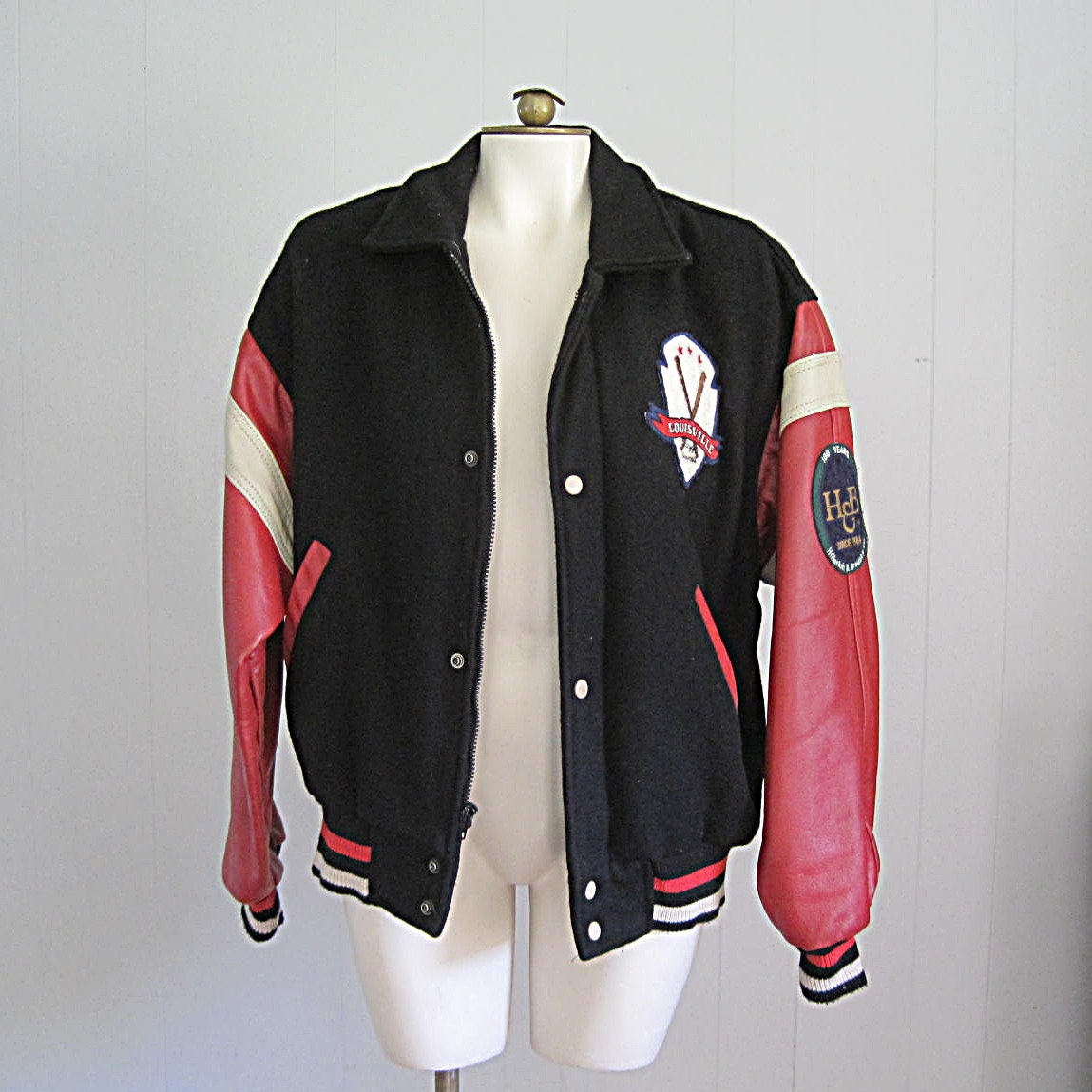 Louisville Slugger Vintage 80s Baseball Varsity Jacket Leather and Wool Red  and Cream Heavy Bomber Style Coat Size Large