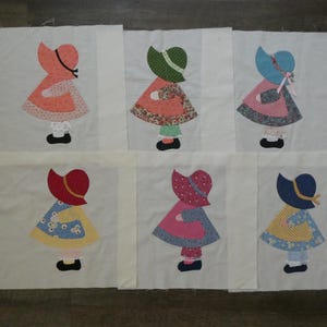 Vintage Sunbonnet Sue Quilt Squares / Set of 6 Hand Applique Quilt Blocks