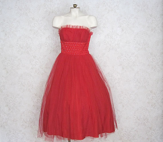 1950s Red Tulle Prom Dress With Rhinestone Embell… - image 1