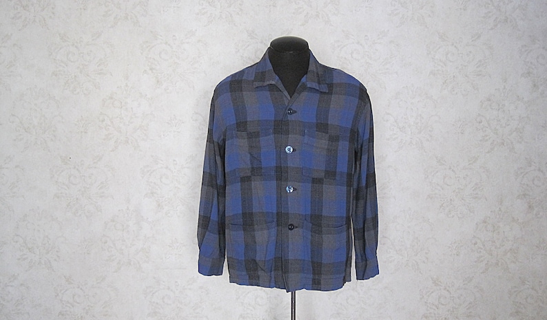 1950s Vintage Flannel Shirt /'40s /'50s Wool Jacket Vintage Plaid Wool Loop Collar Shirt With Flap Pockets