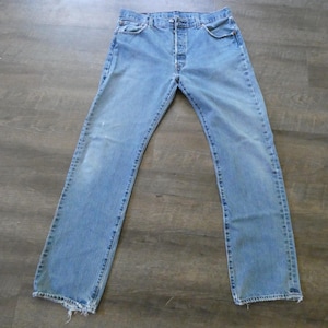 Levi's Button Fly Jeans Vintage Levis 501 36 x 34 Tag Distressed Denim Faded Worn Holes 34 x 33 Loose Relaxed Single Stitch Levi Boyfriend