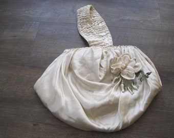 Antique Silk Flower Girl Bag / Edwardian or 1920s Handmade Petal Basket / Vintage Wedding Flower Purse