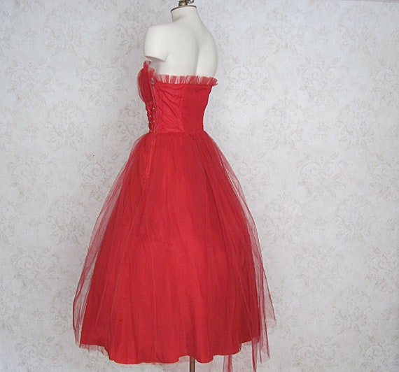 1950s prom dress Red Tulle Dress: Rhinestone Waist, Vintage… Contrast color stripe trimmings at chest and dress hem Ibtom Castle Women's Vintage Polka