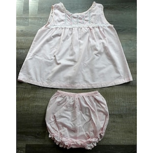 1960s Vintage Babydoll Pajamas Millay 2-piece Pink Top and Ruffled Panties Set Semi-sheer Cotton Blend Fabric Lace Trim Floral Embroidery