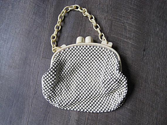 Vintage Ivory Metal Mesh Purse With Lucite Bakeli… - image 1