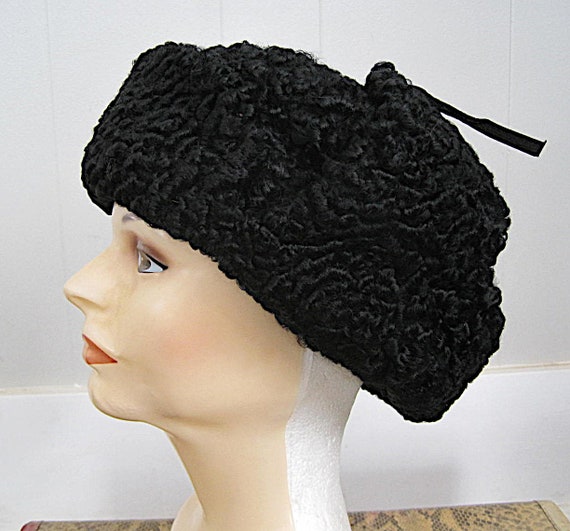 Vintage Black Persian Lamb Trapper Hat / Natural … - image 4