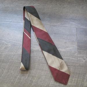 Vintage &#39;60s Narrow Silk Necktie / Maroon/Black/Gold Diagonal Stripe 1960s Skinny Tie
