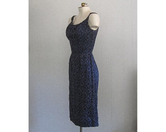 1950s Vintage Cotton Wiggle Dress / Blue and Black Floral Pattern Fitted Bombshell Pinup Dress