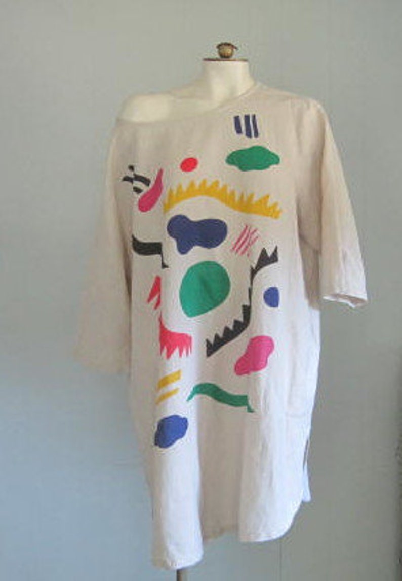 Gudrun Sjoden Tunic Dress / Y2K Cotton Linen Abstract Print Tunic Top Dress One Size Loose Flowy Summer Beach Cover image 2