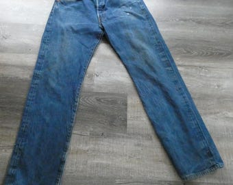 Vintage Denim Levi's 501 Button Fly Jeans 34 x 36 Tag Natural Distressed Wear Loose Relaxed Faded Frayed Feathered (32x33)