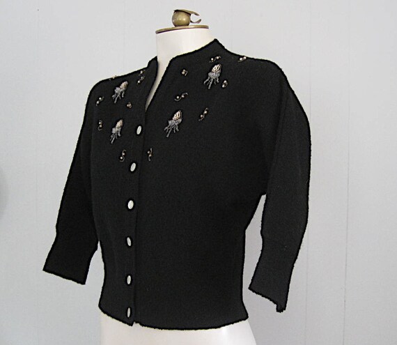 40s Vintage Beaded Cardigan Sweater / Jernat Blac… - image 2