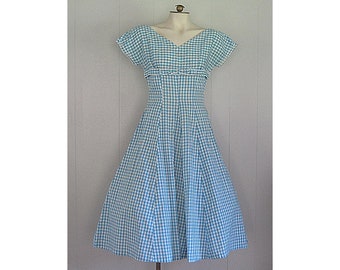 1950s Vintage Cotton Gingham Summer Dress / Blue and White Fit & Flare Full Skirt Day Dress With Rhinestones and Beads