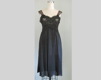 Vintage Black Nylon Nightgown / Kayser Semi-sheer See-through Nylon Negligee Nightie 1950s 1960s Pinup Boudoir Lingerie Slip