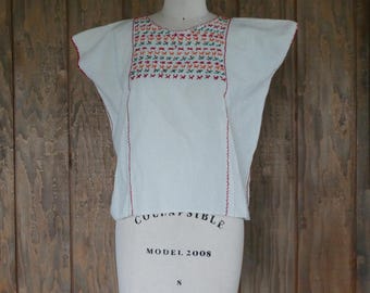 Vintage 70s Hand Embroidered Huipil Blouse: Boho Cotton Top