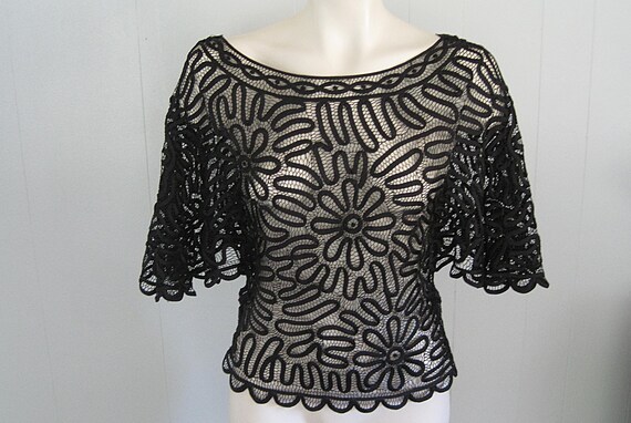 Vintage Crochet Web Black Silk Ribbon Blouse / She