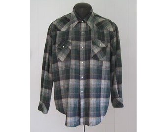 Vintage KMart Wool Plaid Shirt: 70s-80s Western Pearl Snap, Men's XL