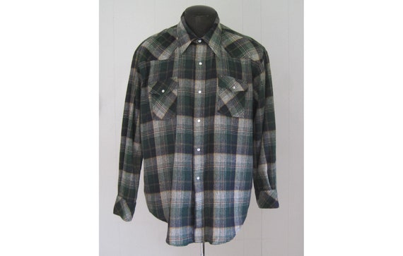 BombshellVintagePDX Vintage Kmart Plaid Wool Shirt / 1970s 1980s Pearl Snap Western Style Blue Green Plaid Pattern Shirt Men's XL