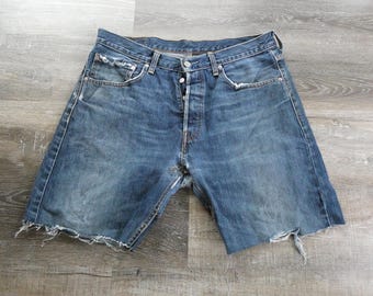 Vintage Levi's 501 Jean Shorts Button Fly Distressed Denim 33 X 34 Tag Levi's Cut Off Long Jorts Fray Fade Holes Repairs 1990s Y2K