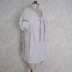 Vintage Hungarian Peasant Blouse / Embroidered White and Red Cotton Romanian Tunic Top image 5