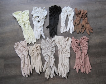 Vintage Ruched Gloves Lot: 1950s-60s Mid-Length Formal Gloves (Sizes 6/7)