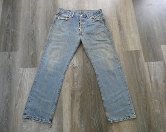 Levi's Button Fly 501 Jeans Vintage 34 x 30 Tag Distressed Denim Faded Worn Frayed Holes