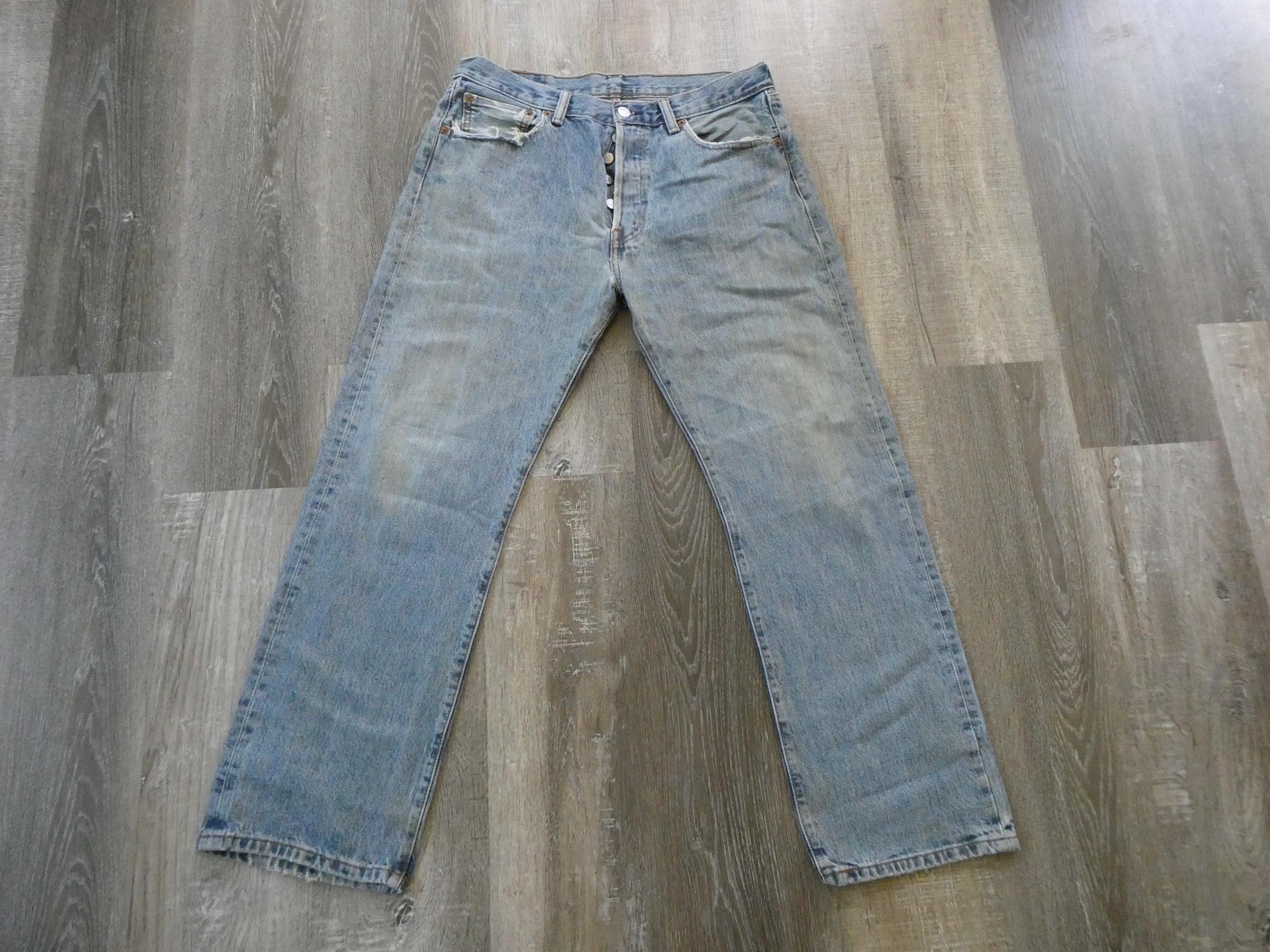 Levi's Button Fly 501 Jeans Vintage 34 x 30 Tag Distressed Denim Faded Worn Frayed Holes