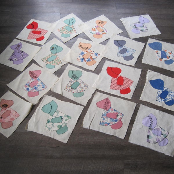 22 Blocs De Couette Vintage Sunbonnet Sue - Tissu Années 30, Appliqué Main, 12x12 Pouces