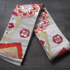 Vintage Japanese Obi Red Pink Gold Silver Metallic Thread Floral Nagoya Kimono Belt Sash Japanese Textile Embroidered Brocade Fabric
