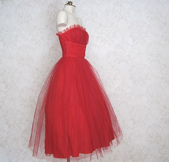 1950s Red Tulle Prom Dress With Rhinestone Embell… - image 2