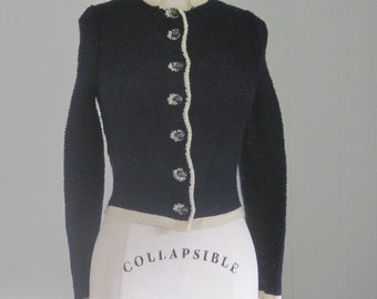 Vintage Trachten Cardigan Sweater / 1960s '70s Navy Blue and Ivory '30s Style Tyrolean Sweater XS