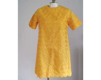 1960s Vintage Mod Mini Dress / '60s '70s Handmade Goldenrod Embroidered Shift Dress