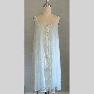 Vintage 1960s Van Raalte Sheer Babydoll Nightie / Baby Blue With White See Through Overlay 2-layer Nylon Chiffon Negligee Nightgown Medium