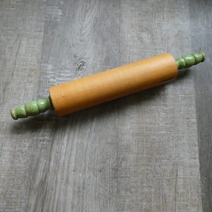 Vintage Wood Rolling Pin with Green Handles: Rustic Kitchen Baking Tool