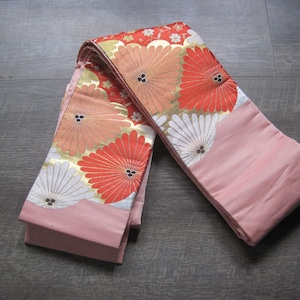 Vintage Japanese Obi Red Pink Rose Gold Silver Metallic Thread Floral Nagoya Kimono Belt Sash Japanese Textile Embroidered Brocade Fabric