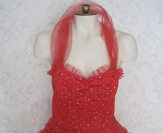 1950s Vintage Party Dress / Red Tulle '50s Cockta… - image 4