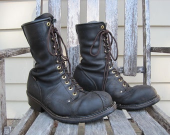 Vintage Carolina Linesman Boots Black Leather Steel Toe Men's 10.5 Combat Logger Work Boots