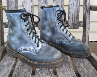 Vintage Dr. Marten Combat Boots / 8-eye Doc Marten Punk Boots Distressed Leather Blue/Gray 1990s AirWair Made in England