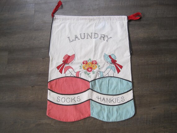 Vintage Hand Embroidered Laundry Bag Sunbonnet La… - image 1