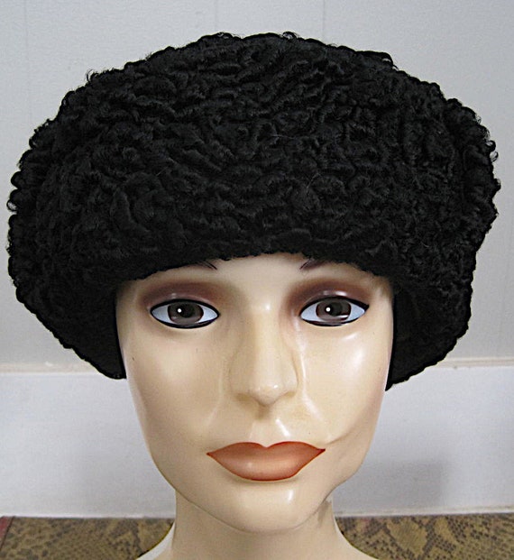 Vintage Black Persian Lamb Trapper Hat / Natural … - image 3
